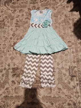 Blue Floral Ruffle Dress & Chevron Pants Set - Kids